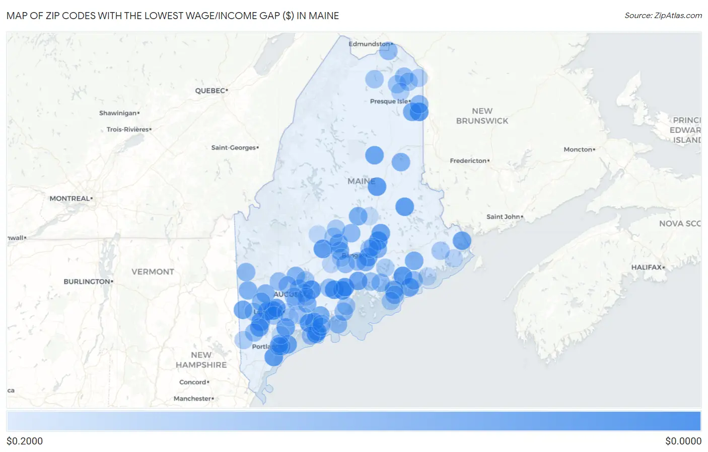 Zip Codes with the Lowest Wage/Income Gap ($) in Maine Map