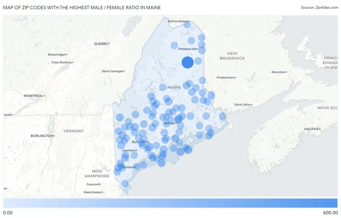 Zip Codes with the Highest Male / Female Ratio in Maine Map