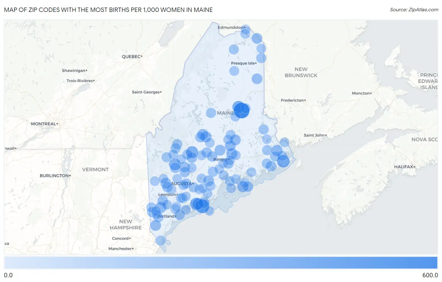 Zip Codes with the Most Births per 1,000 Women in Maine Map