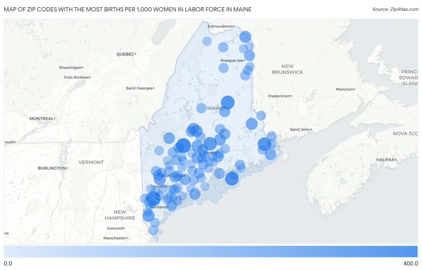 Zip Codes with the Most Births per 1,000 Women in Labor Force in Maine Map