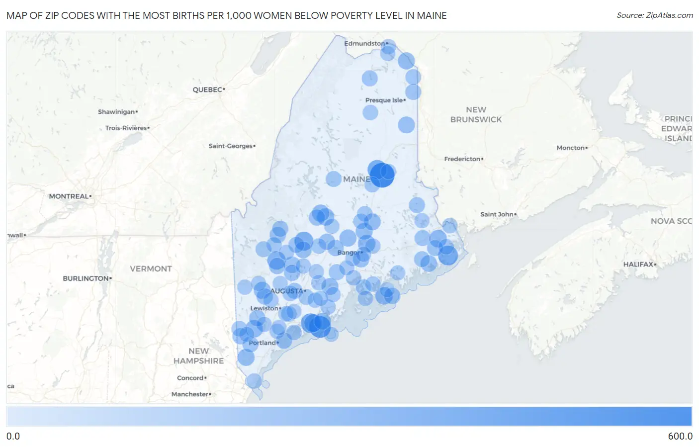 Zip Codes with the Most Births per 1,000 Women Below Poverty Level in Maine Map