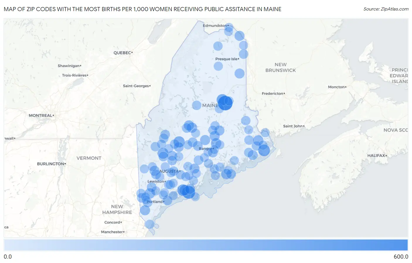 Zip Codes with the Most Births per 1,000 Women Receiving Public Assitance in Maine Map