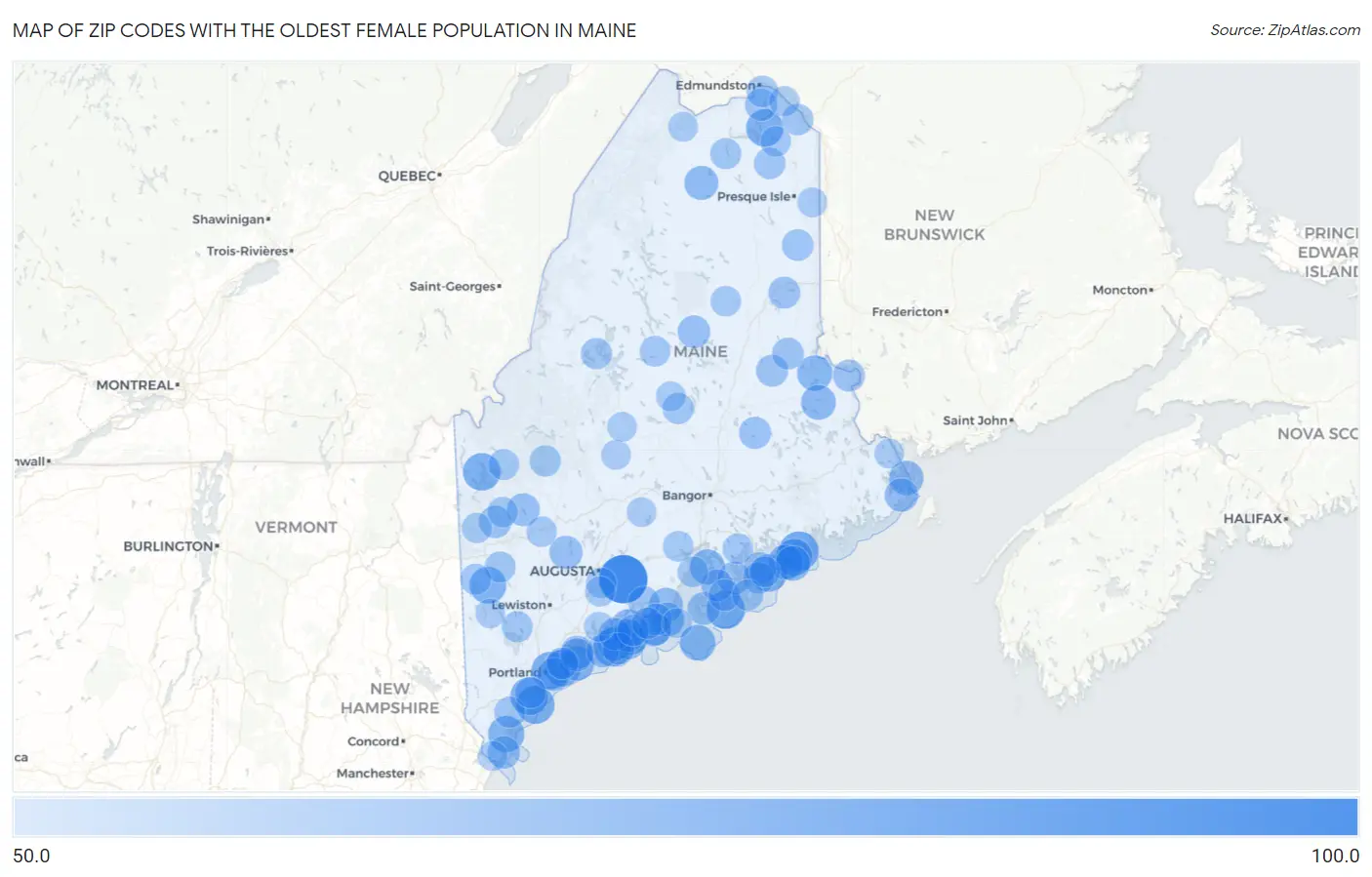 Zip Codes with the Oldest Female Population in Maine Map