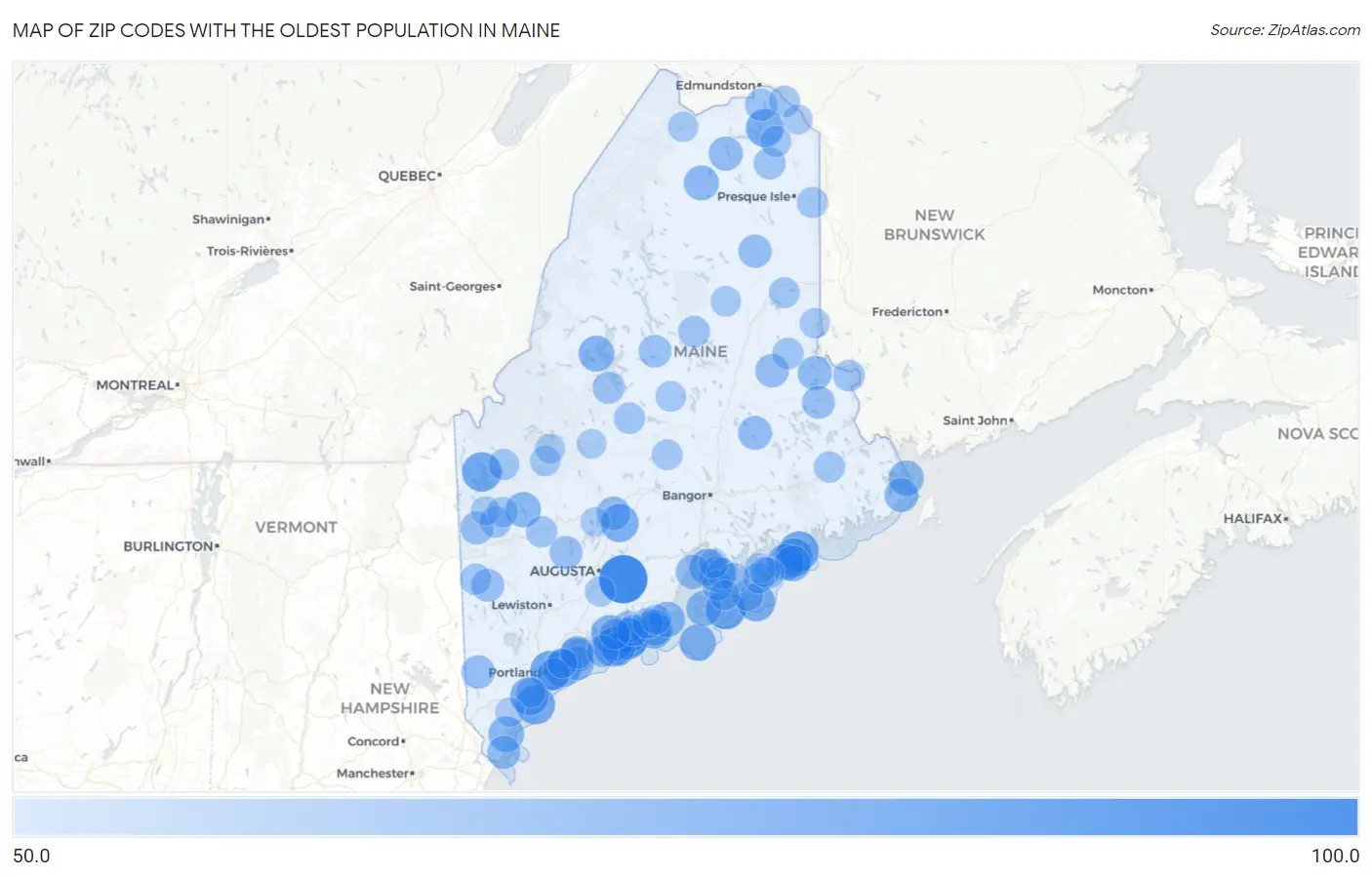 Zip Codes with the Oldest Population in Maine Map