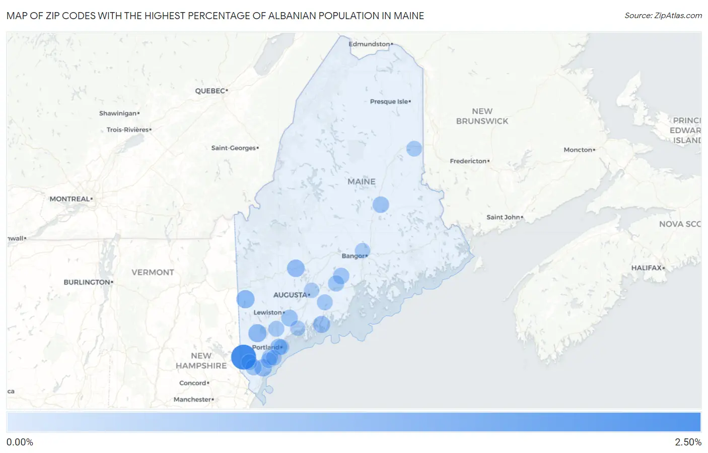 Zip Codes with the Highest Percentage of Albanian Population in Maine Map