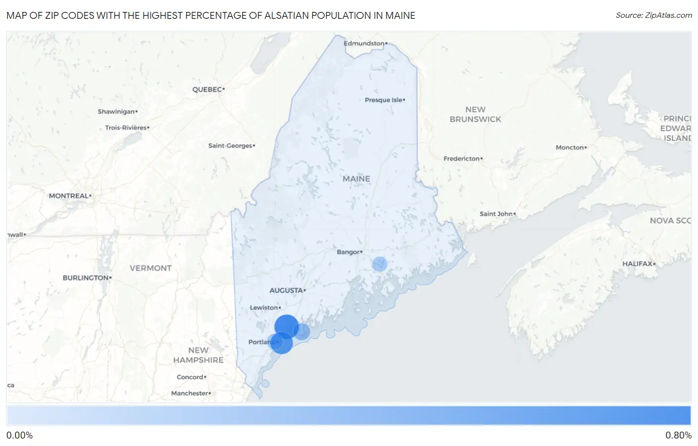 Zip Codes with the Highest Percentage of Alsatian Population in Maine Map