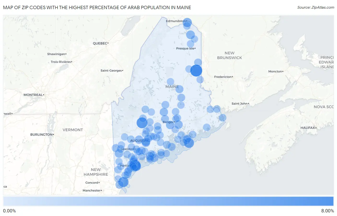 Zip Codes with the Highest Percentage of Arab Population in Maine Map