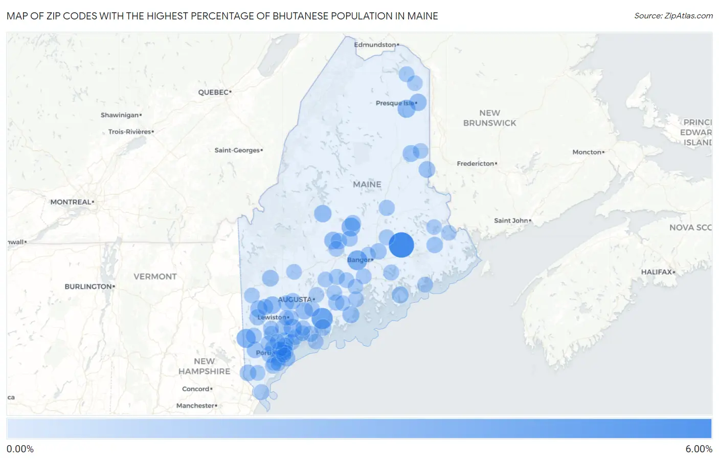 Zip Codes with the Highest Percentage of Bhutanese Population in Maine Map