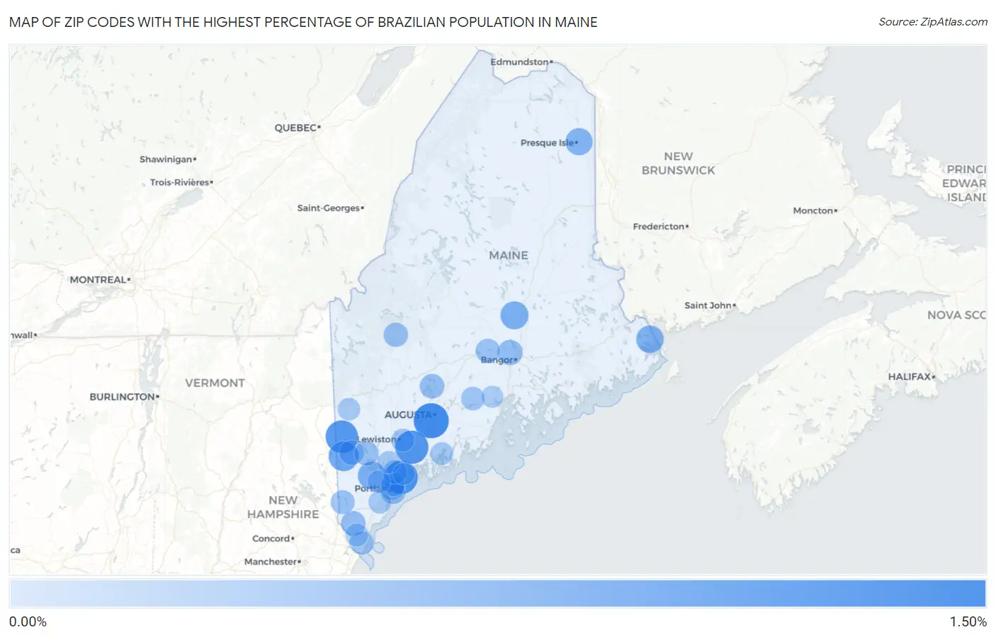Zip Codes with the Highest Percentage of Brazilian Population in Maine Map