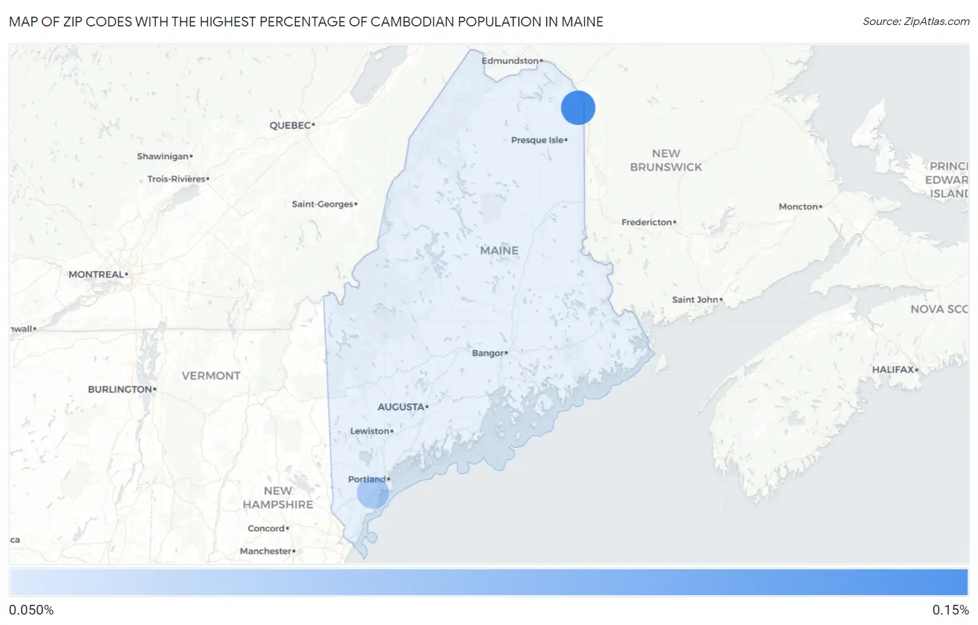 Zip Codes with the Highest Percentage of Cambodian Population in Maine Map