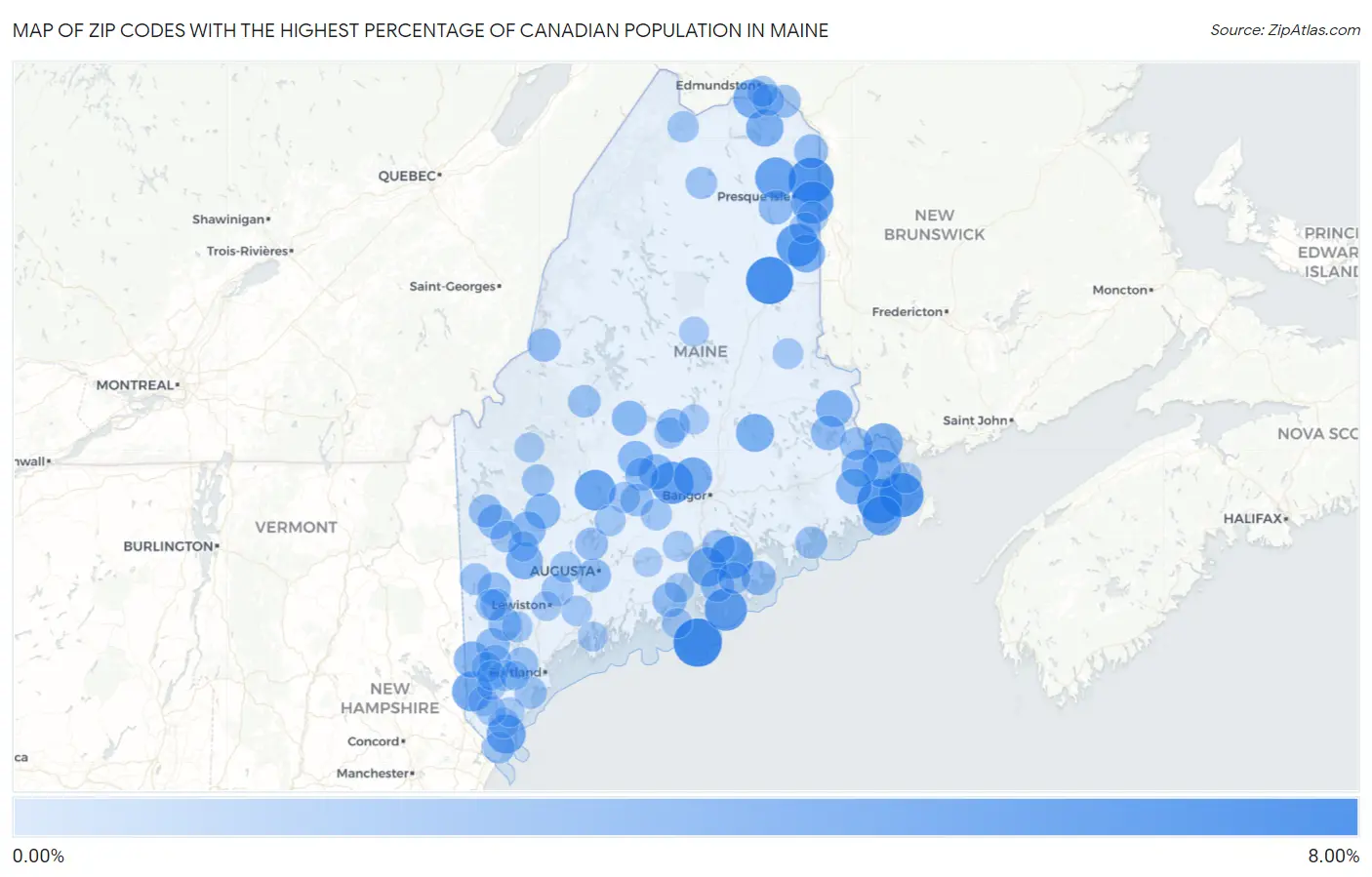 Zip Codes with the Highest Percentage of Canadian Population in Maine Map