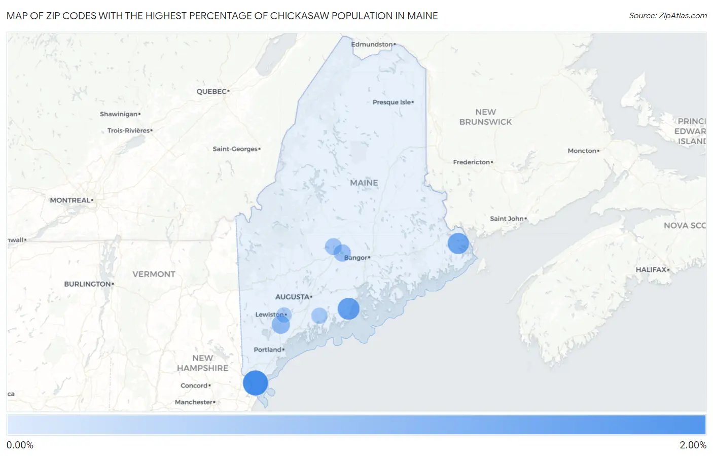 Zip Codes with the Highest Percentage of Chickasaw Population in Maine Map