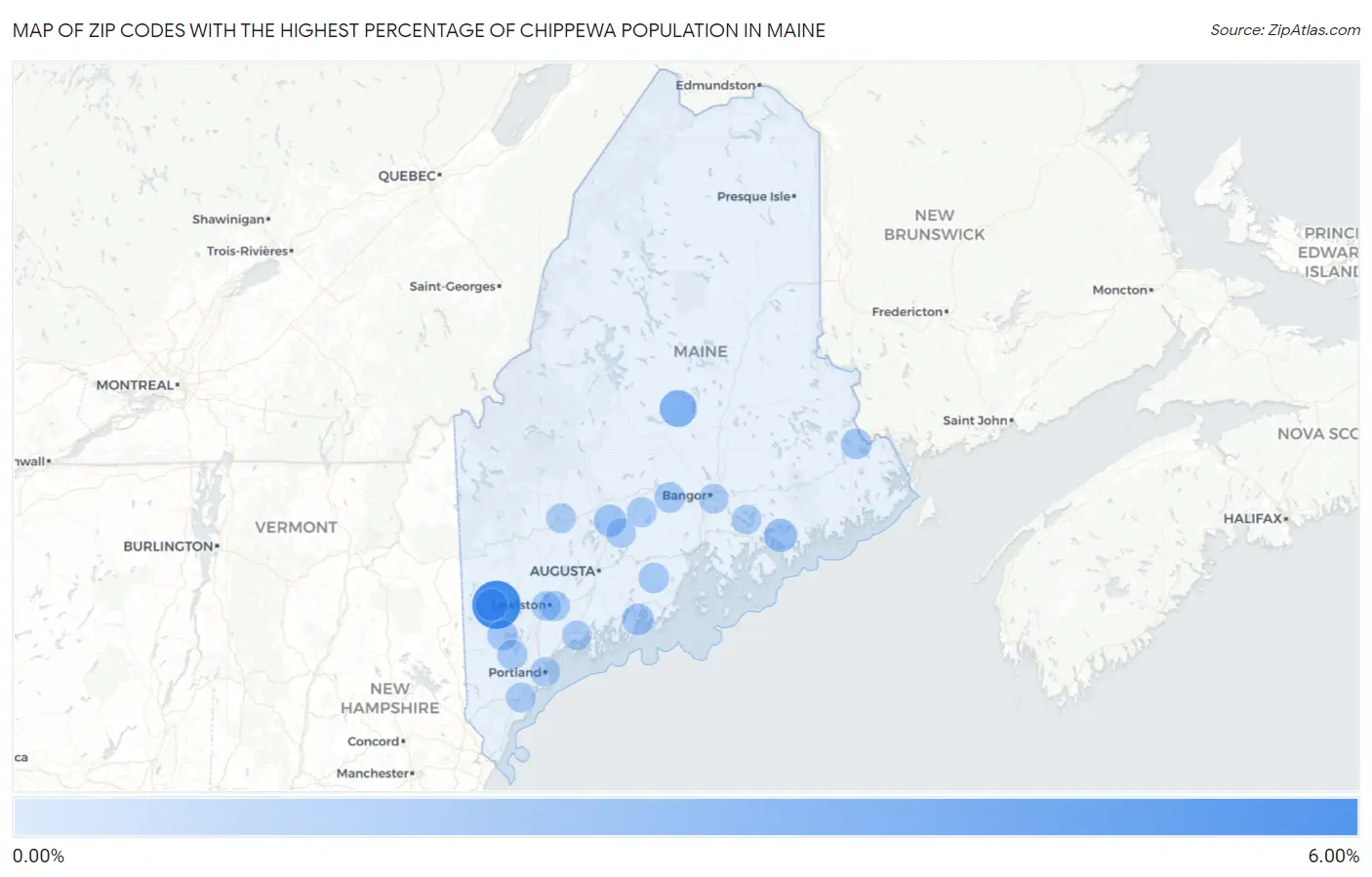Zip Codes with the Highest Percentage of Chippewa Population in Maine Map