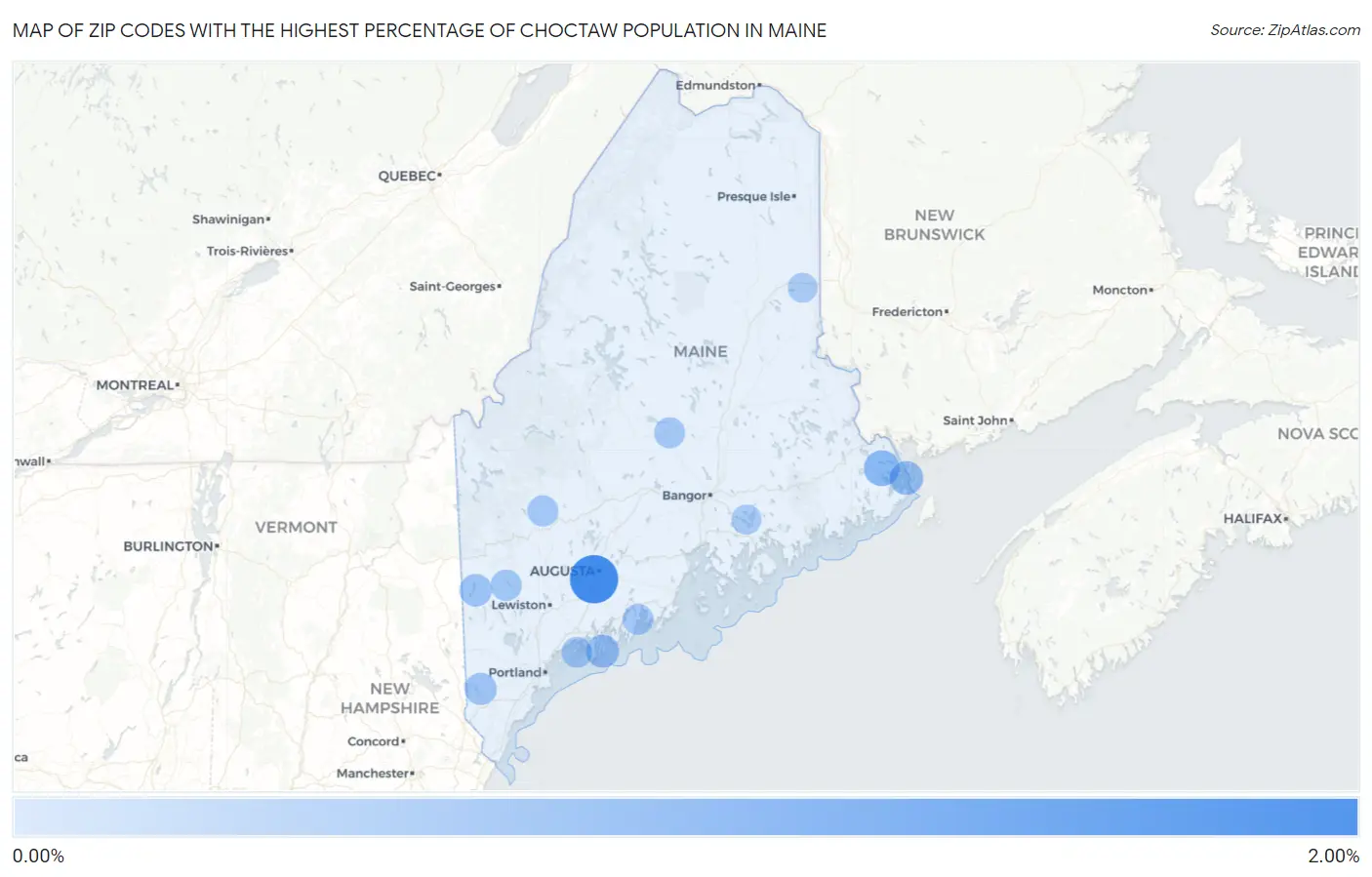 Zip Codes with the Highest Percentage of Choctaw Population in Maine Map