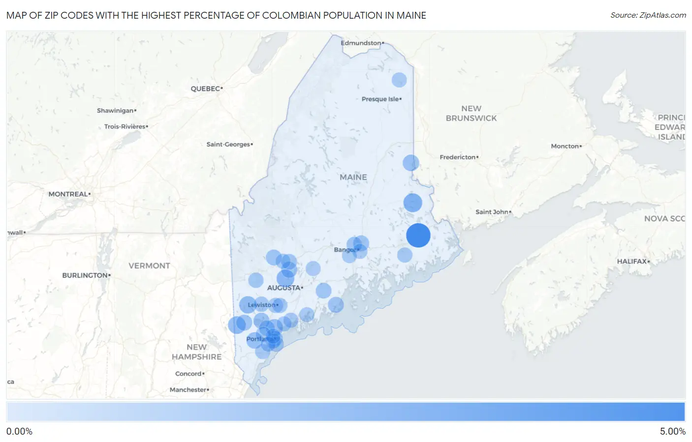 Zip Codes with the Highest Percentage of Colombian Population in Maine Map