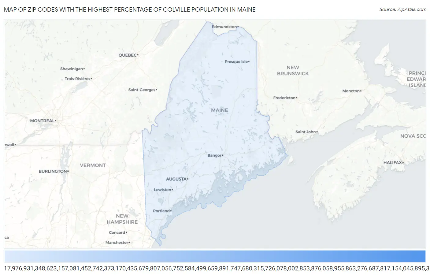Zip Codes with the Highest Percentage of Colville Population in Maine Map