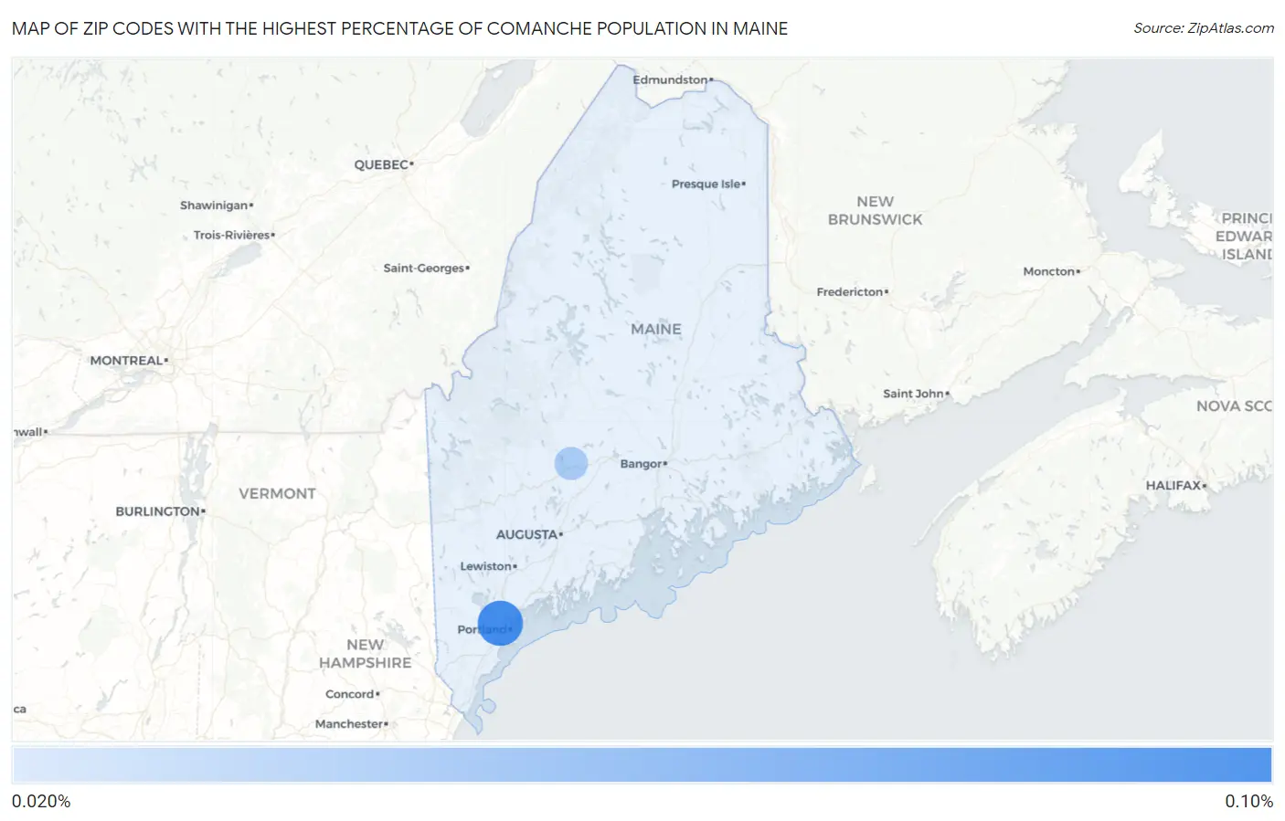 Zip Codes with the Highest Percentage of Comanche Population in Maine Map