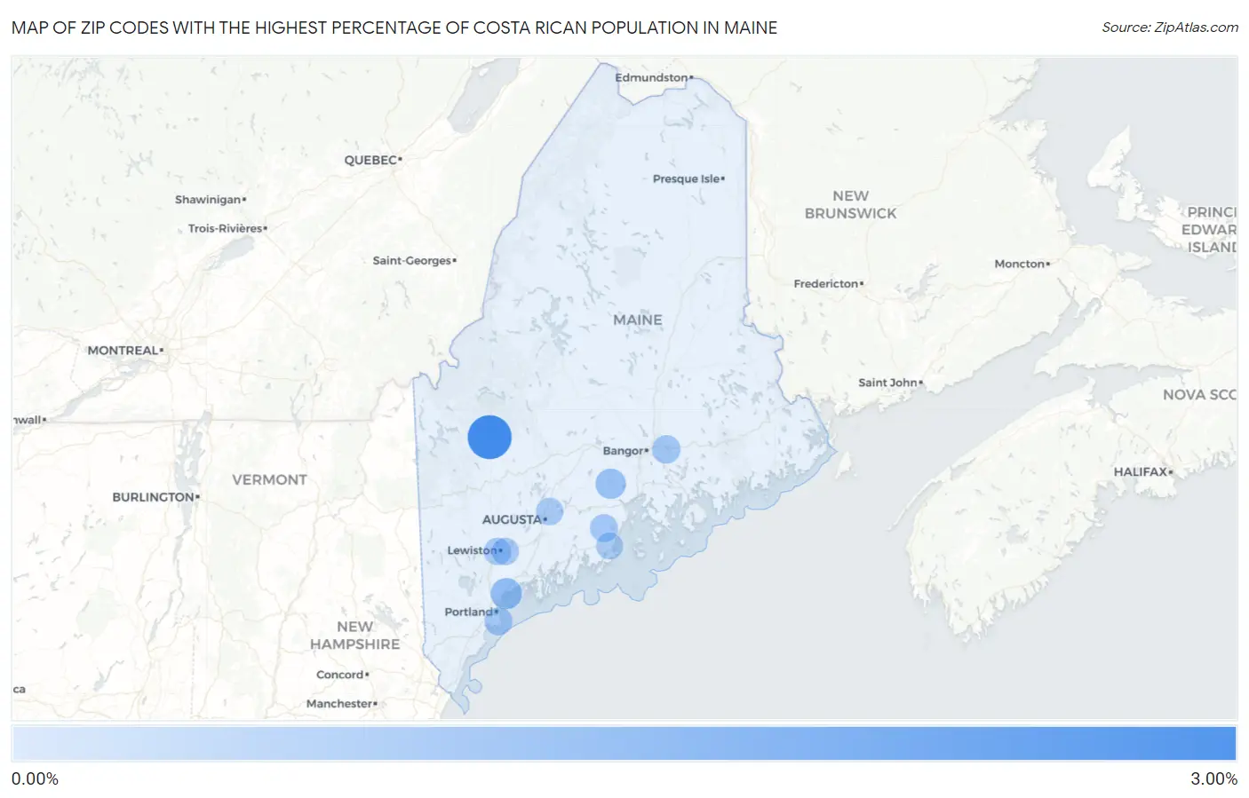 Zip Codes with the Highest Percentage of Costa Rican Population in Maine Map