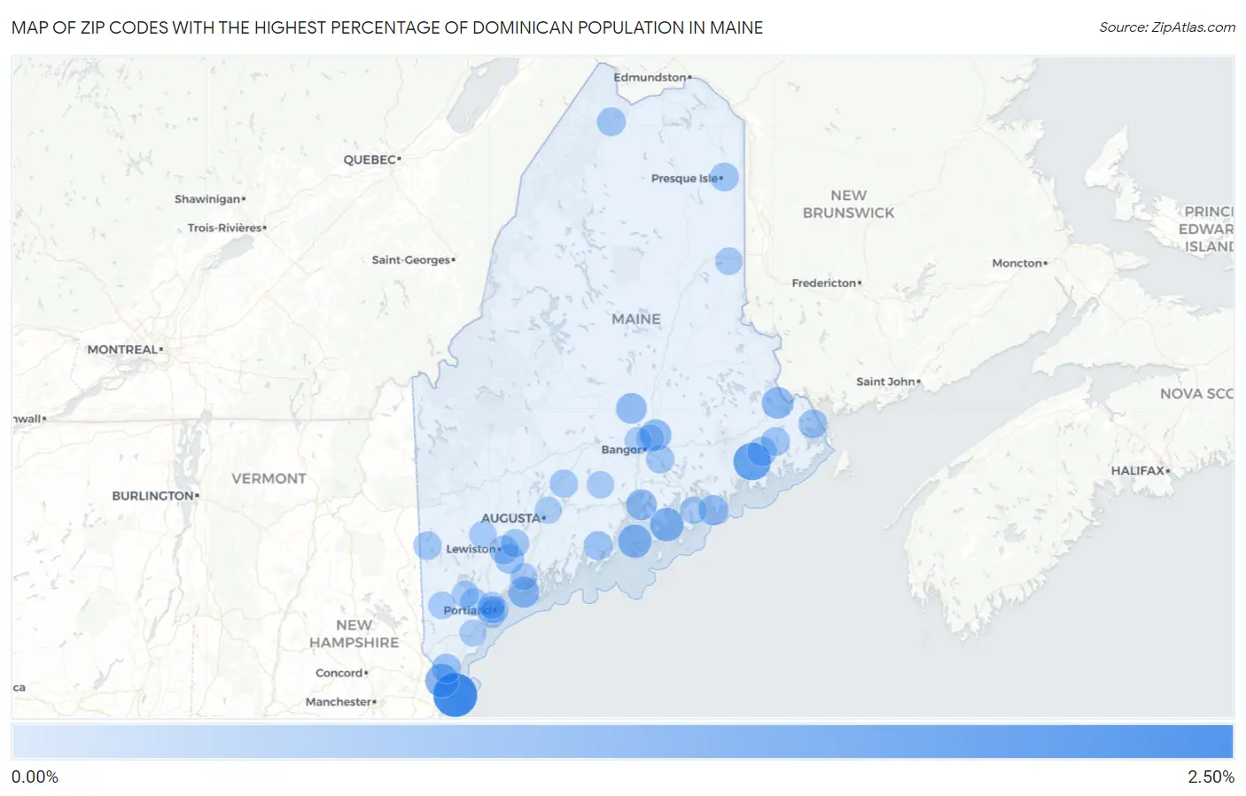 Zip Codes with the Highest Percentage of Dominican Population in Maine Map