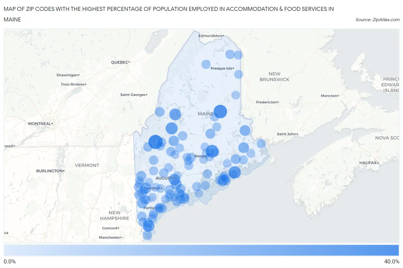 Zip Codes with the Highest Percentage of Population Employed in Accommodation & Food Services in Maine Map