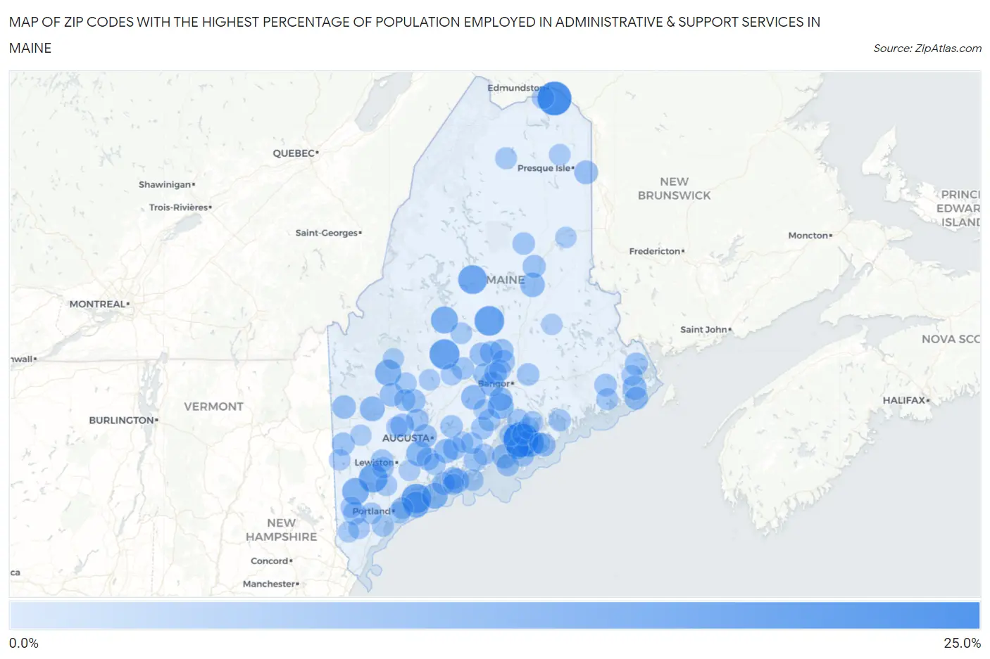 Zip Codes with the Highest Percentage of Population Employed in Administrative & Support Services in Maine Map