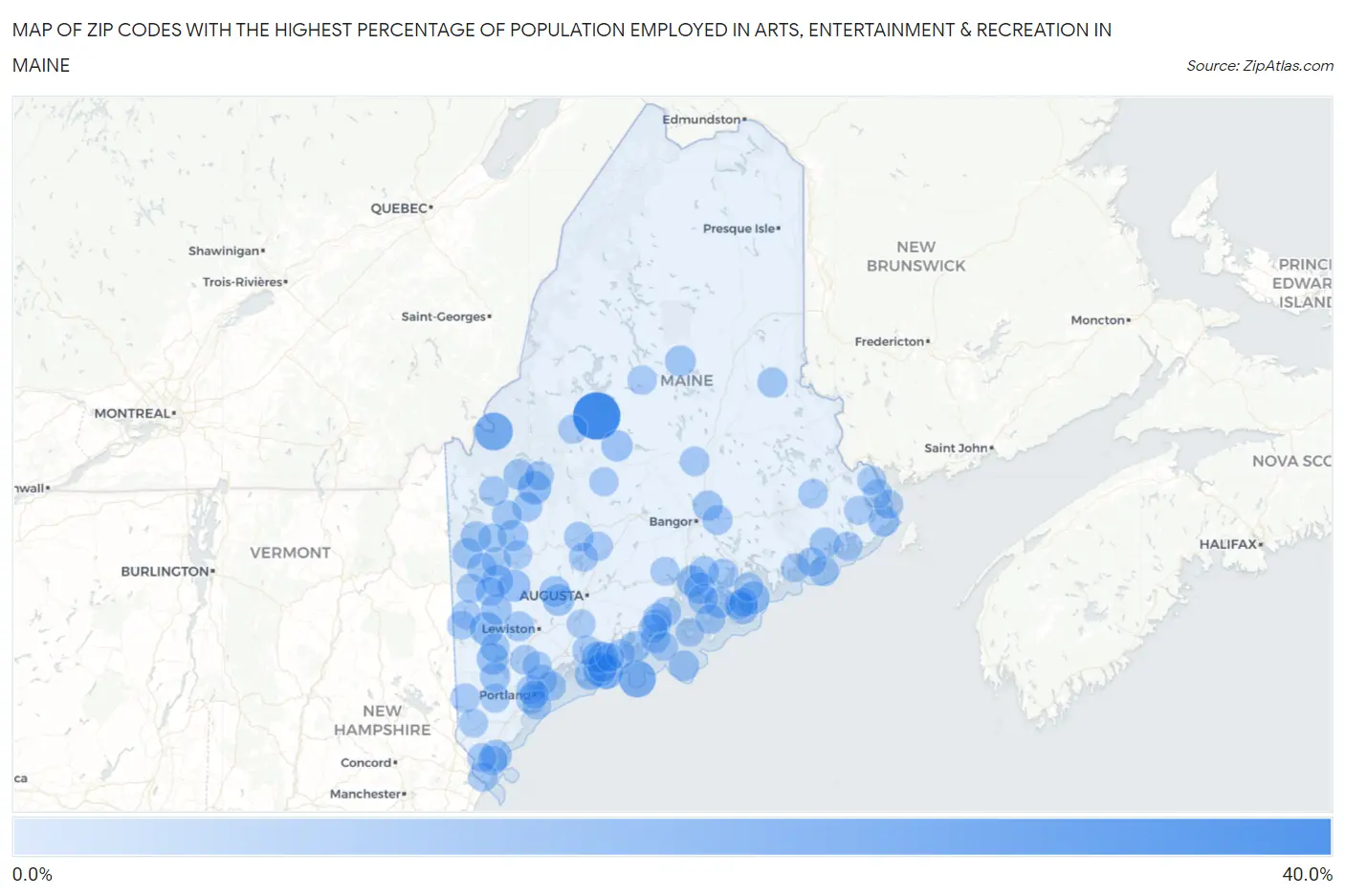 Zip Codes with the Highest Percentage of Population Employed in Arts, Entertainment & Recreation in Maine Map