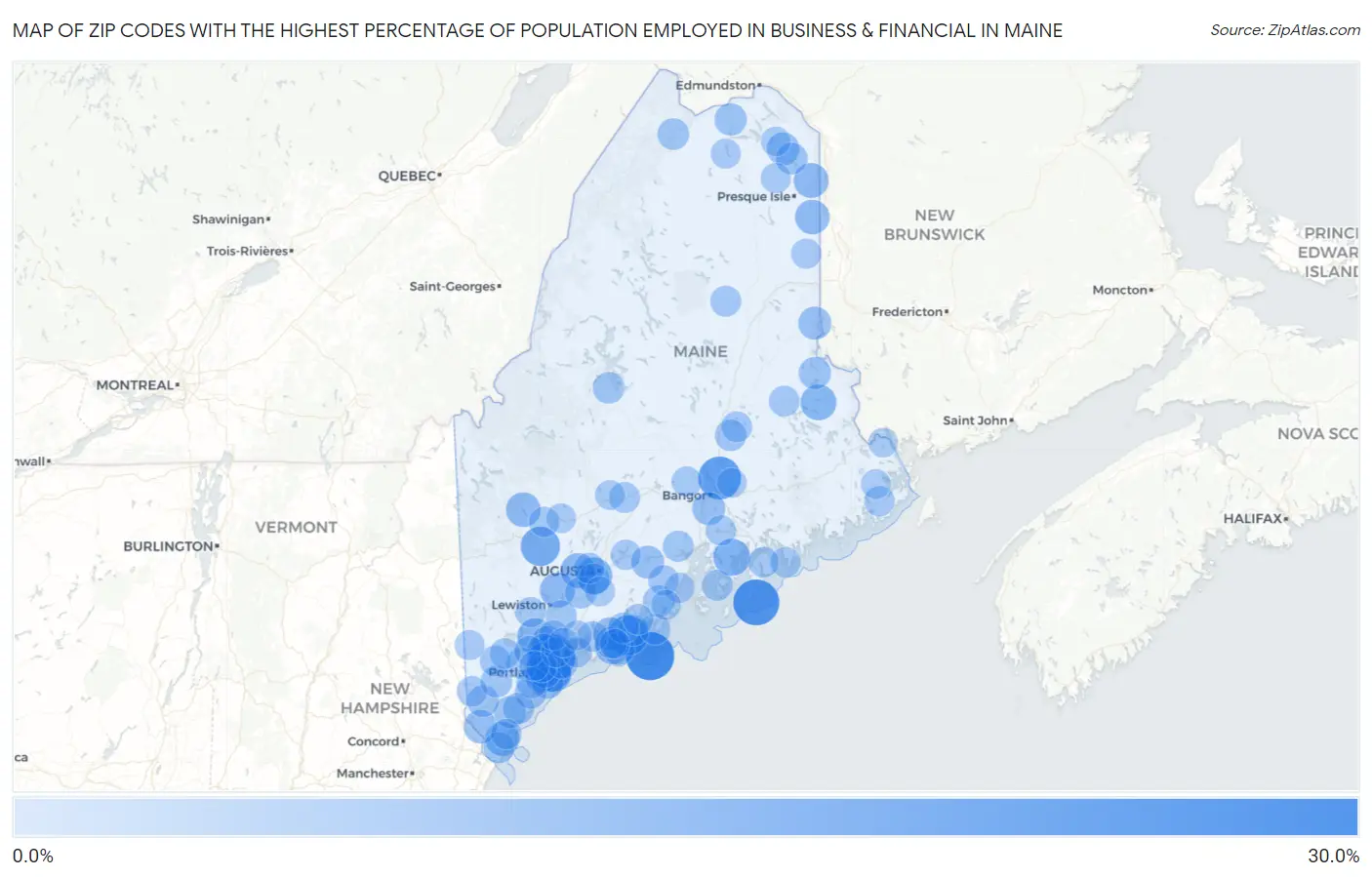Zip Codes with the Highest Percentage of Population Employed in Business & Financial in Maine Map
