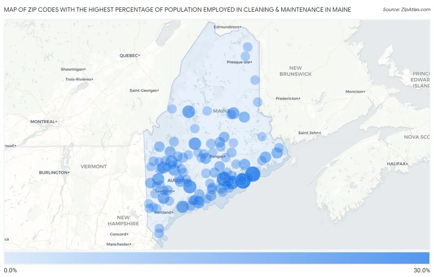 Zip Codes with the Highest Percentage of Population Employed in Cleaning & Maintenance in Maine Map