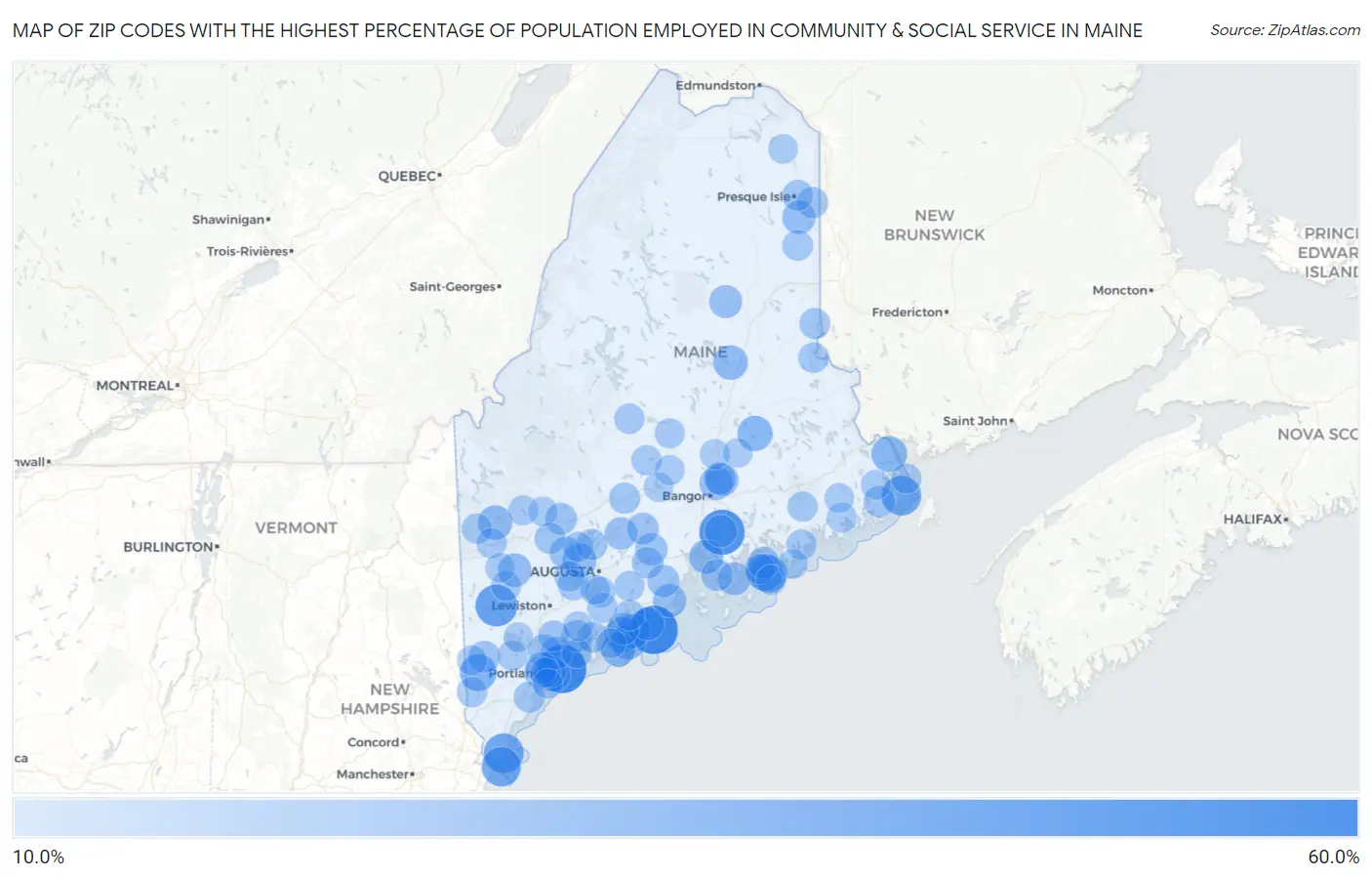 Zip Codes with the Highest Percentage of Population Employed in Community & Social Service  in Maine Map