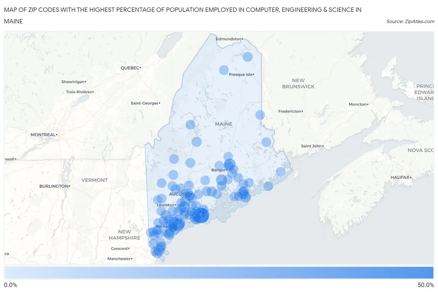 Zip Codes with the Highest Percentage of Population Employed in Computer, Engineering & Science in Maine Map