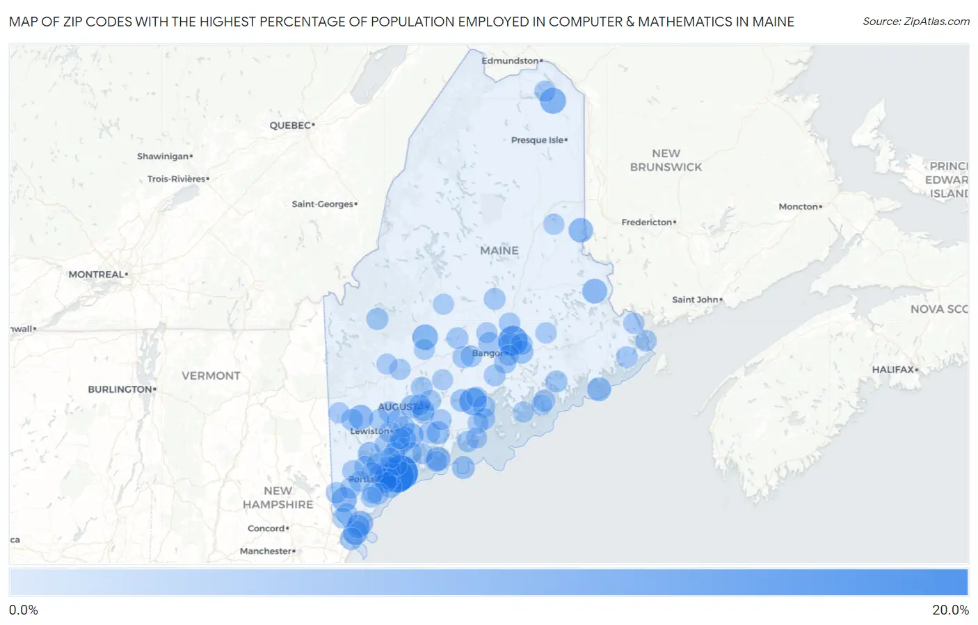 Zip Codes with the Highest Percentage of Population Employed in Computer & Mathematics in Maine Map