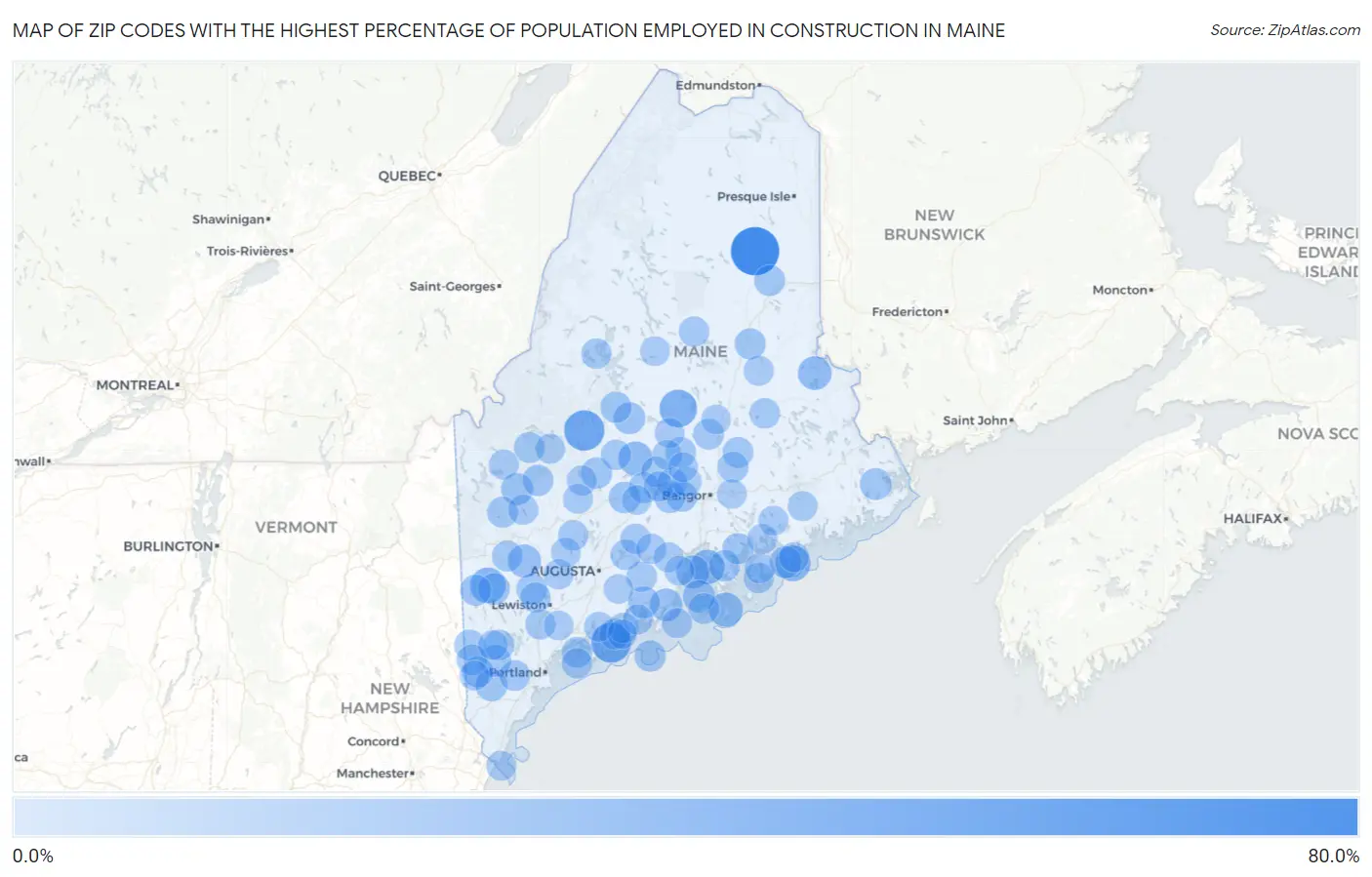 Zip Codes with the Highest Percentage of Population Employed in Construction in Maine Map