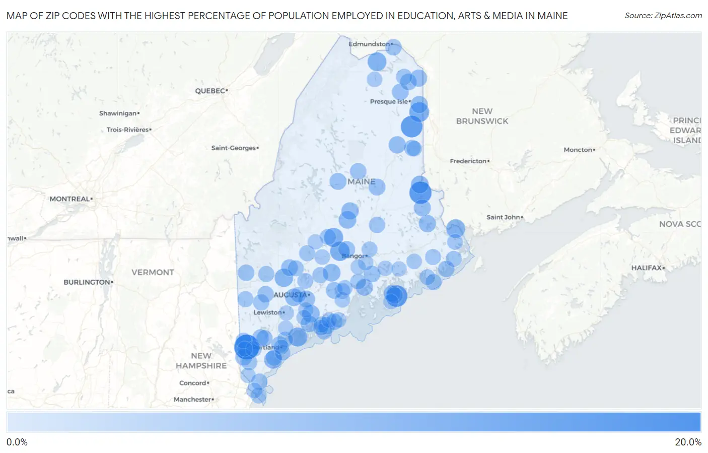 Zip Codes with the Highest Percentage of Population Employed in Education, Arts & Media in Maine Map