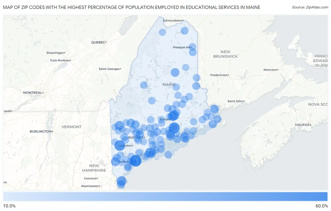 Zip Codes with the Highest Percentage of Population Employed in Educational Services in Maine Map