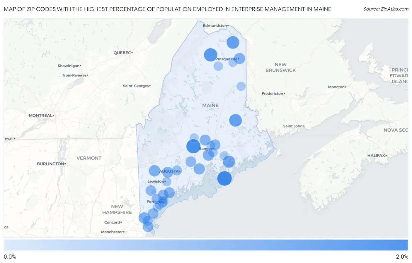 Zip Codes with the Highest Percentage of Population Employed in Enterprise Management in Maine Map