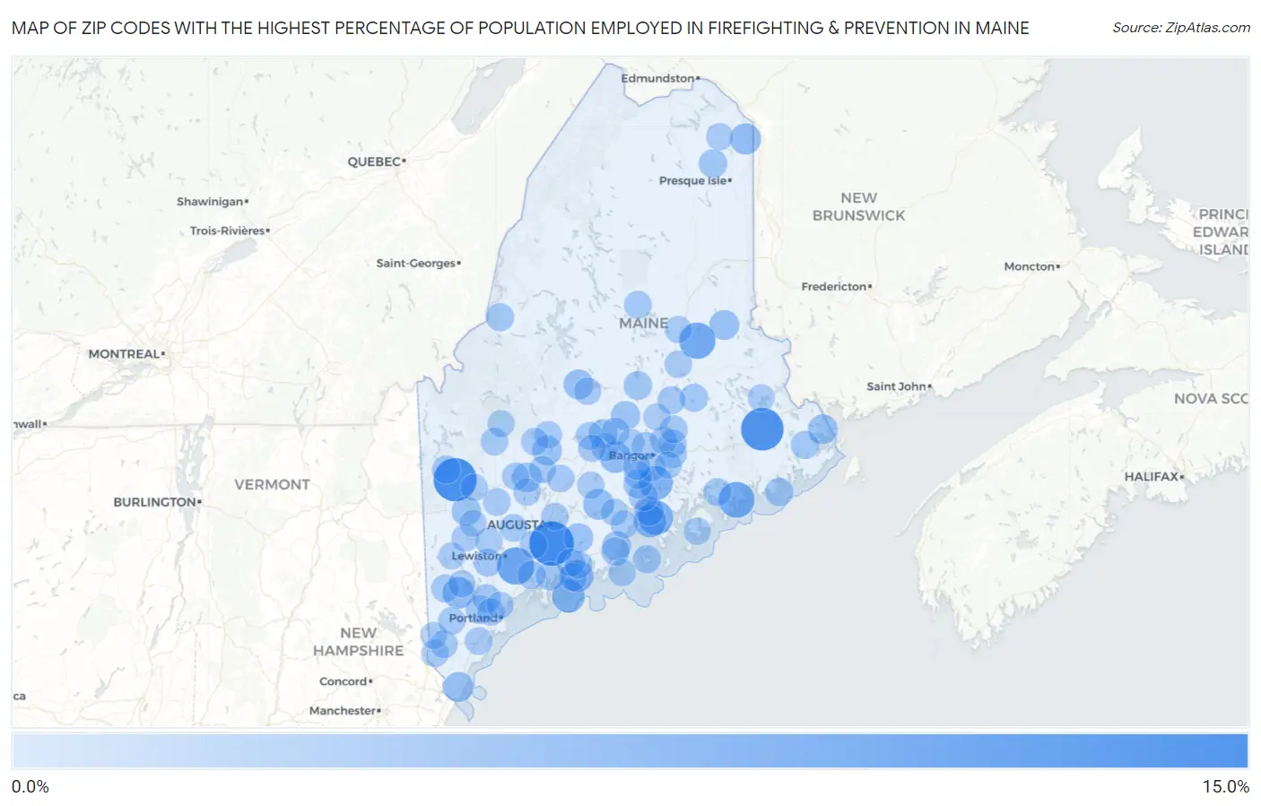 Zip Codes with the Highest Percentage of Population Employed in Firefighting & Prevention in Maine Map