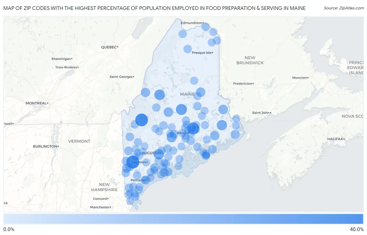 Zip Codes with the Highest Percentage of Population Employed in Food Preparation & Serving in Maine Map