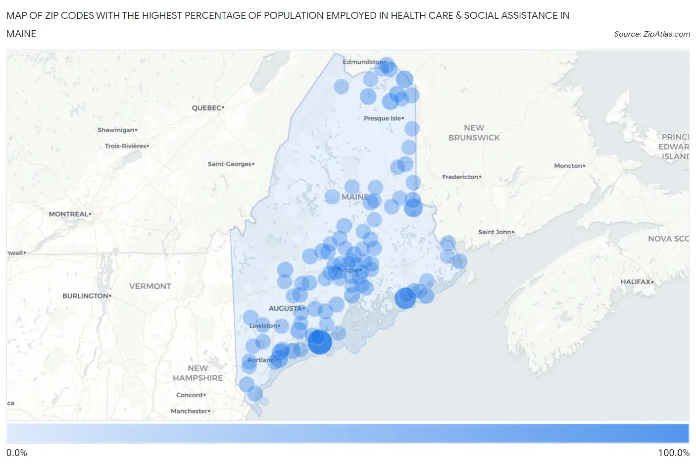 Zip Codes with the Highest Percentage of Population Employed in Health Care & Social Assistance in Maine Map