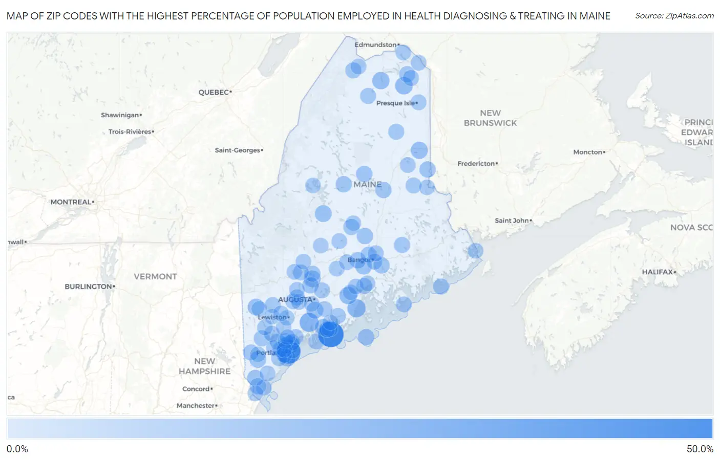 Zip Codes with the Highest Percentage of Population Employed in Health Diagnosing & Treating in Maine Map