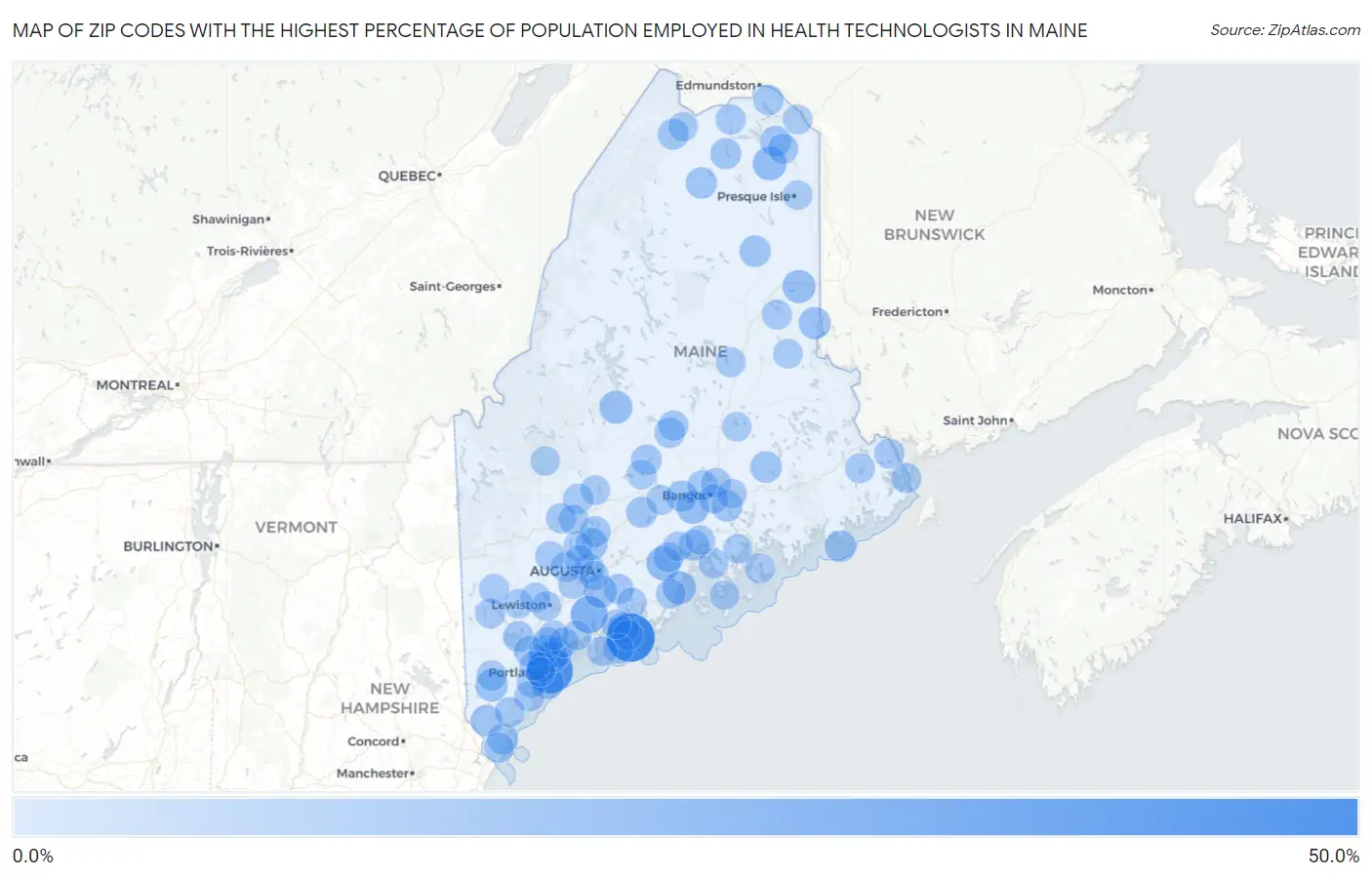 Zip Codes with the Highest Percentage of Population Employed in Health Technologists in Maine Map