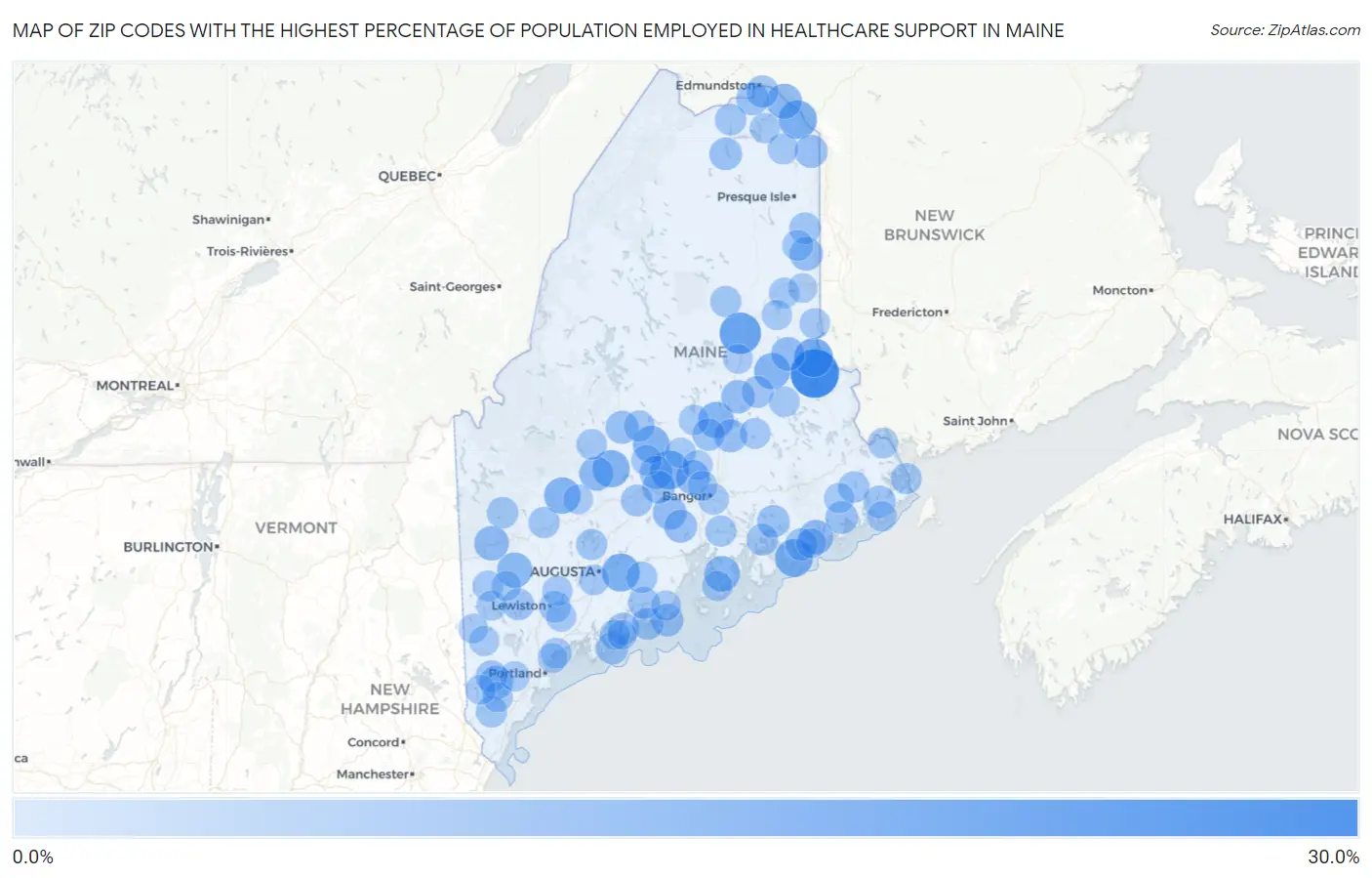 Zip Codes with the Highest Percentage of Population Employed in Healthcare Support in Maine Map