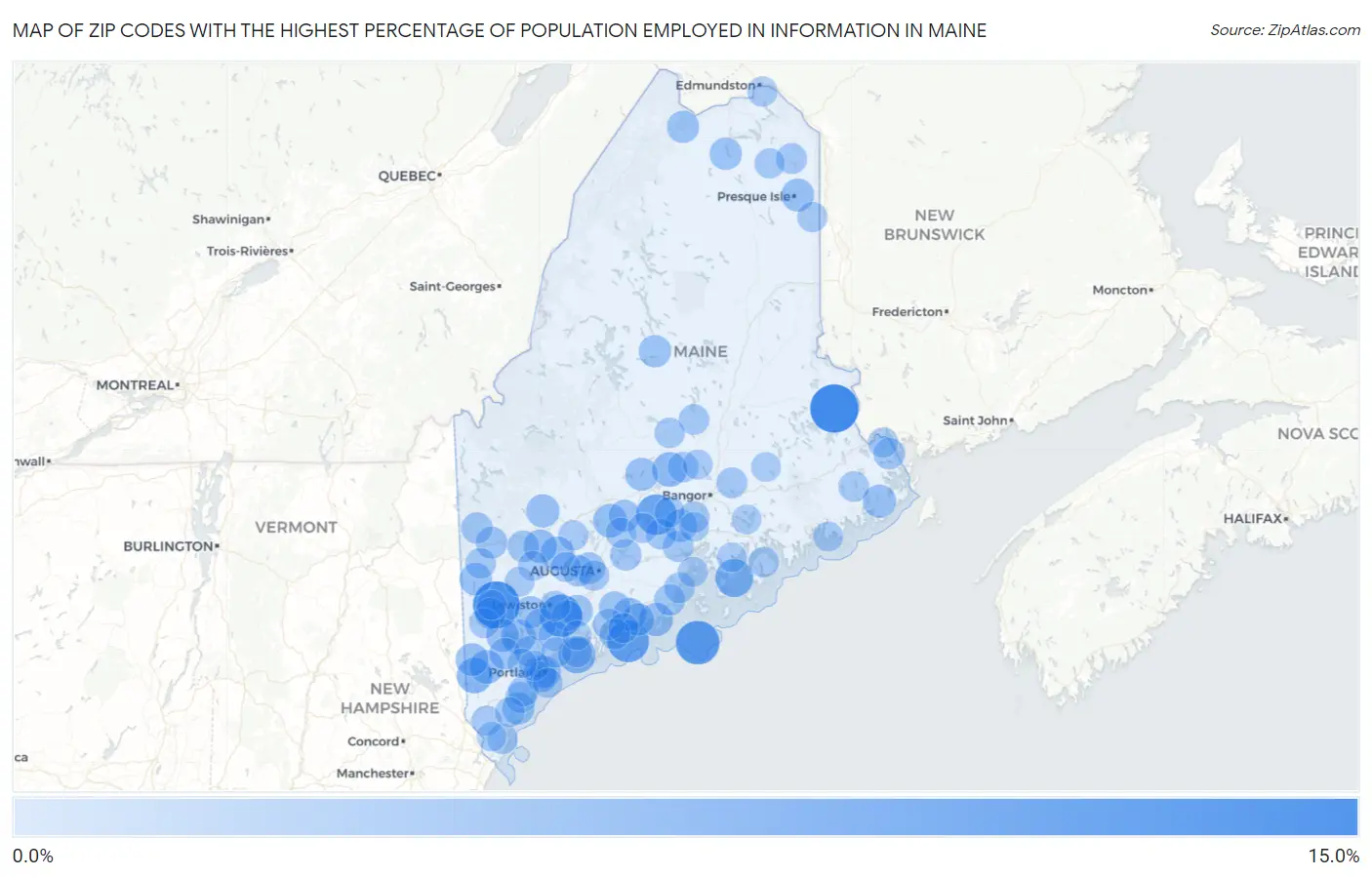 Zip Codes with the Highest Percentage of Population Employed in Information in Maine Map