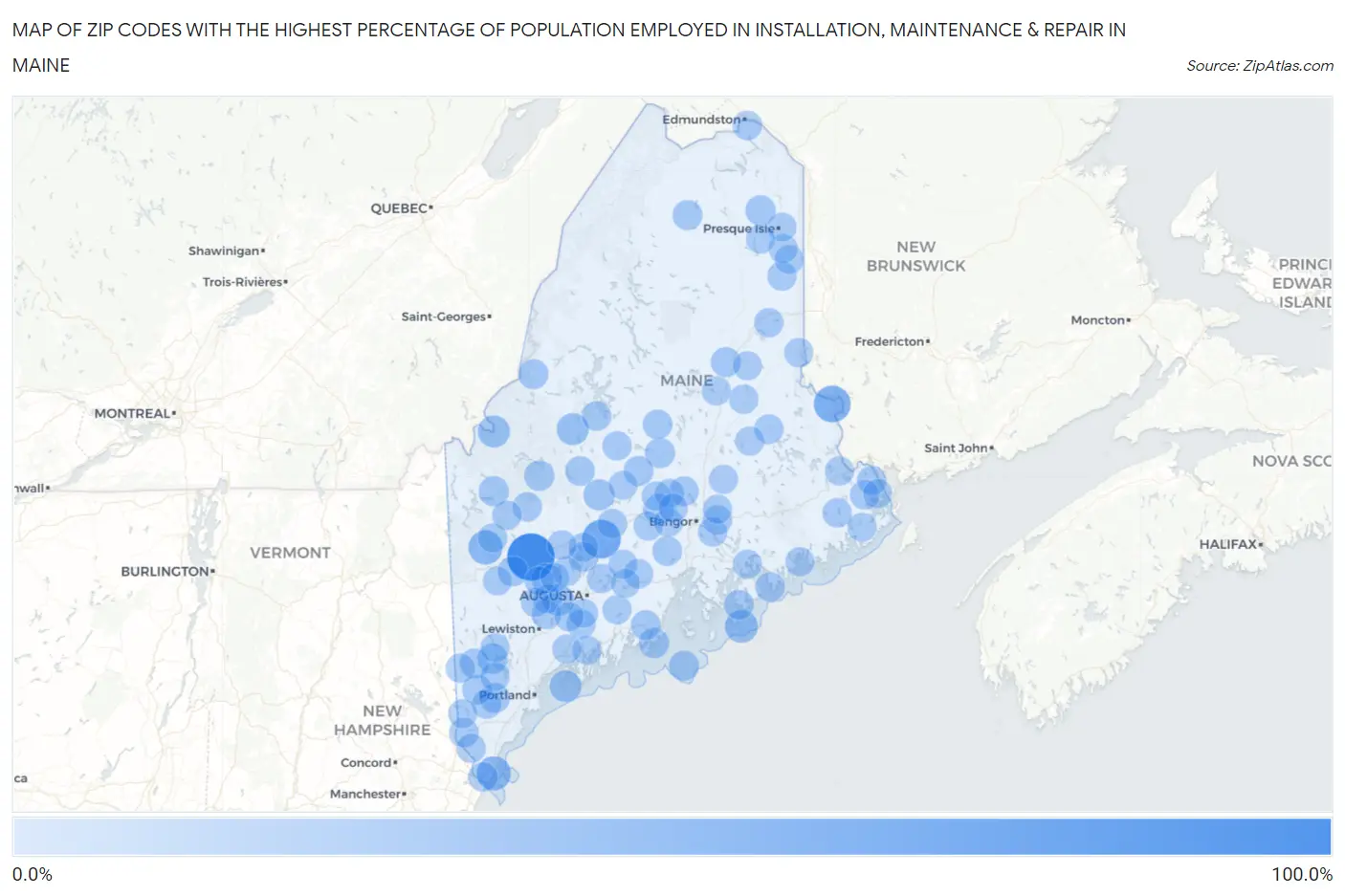 Zip Codes with the Highest Percentage of Population Employed in Installation, Maintenance & Repair in Maine Map