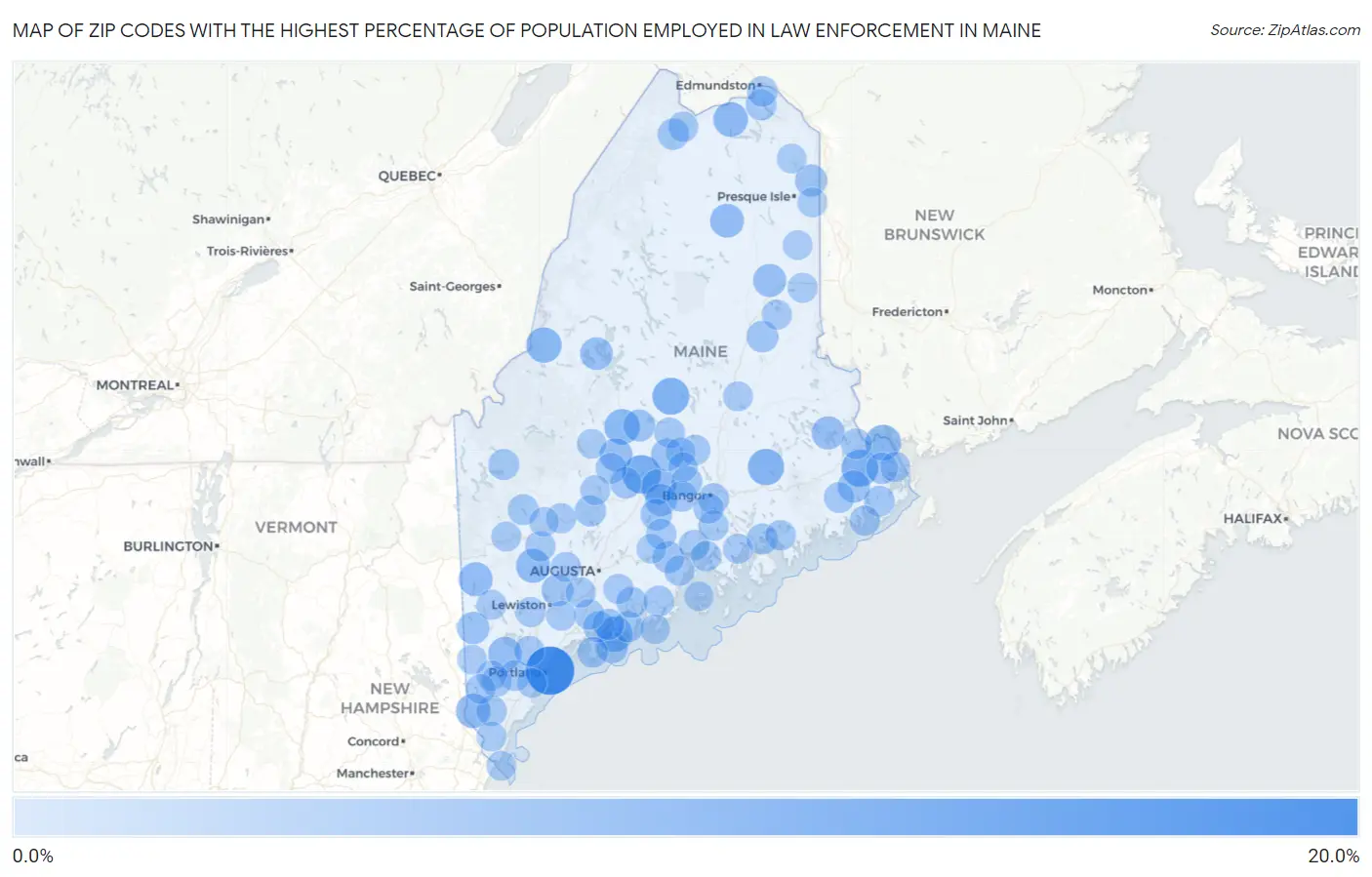 Zip Codes with the Highest Percentage of Population Employed in Law Enforcement in Maine Map