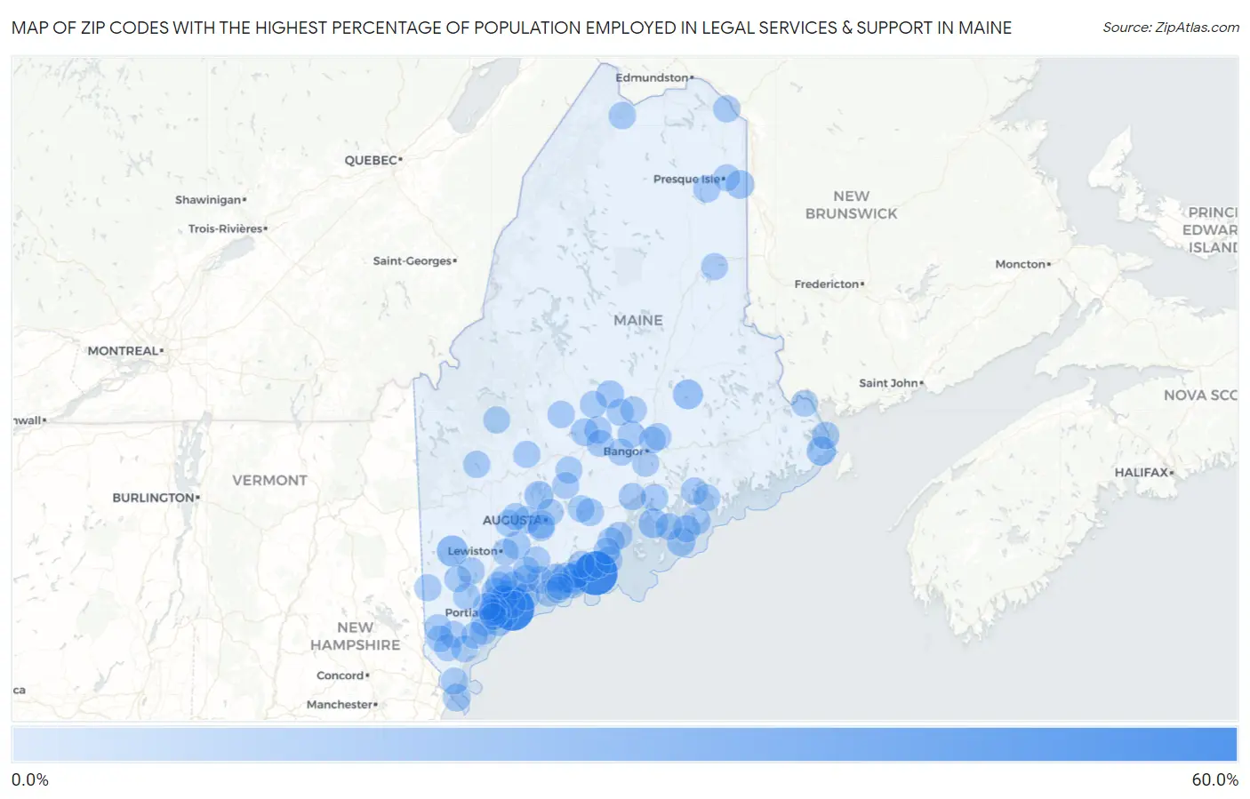 Zip Codes with the Highest Percentage of Population Employed in Legal Services & Support in Maine Map