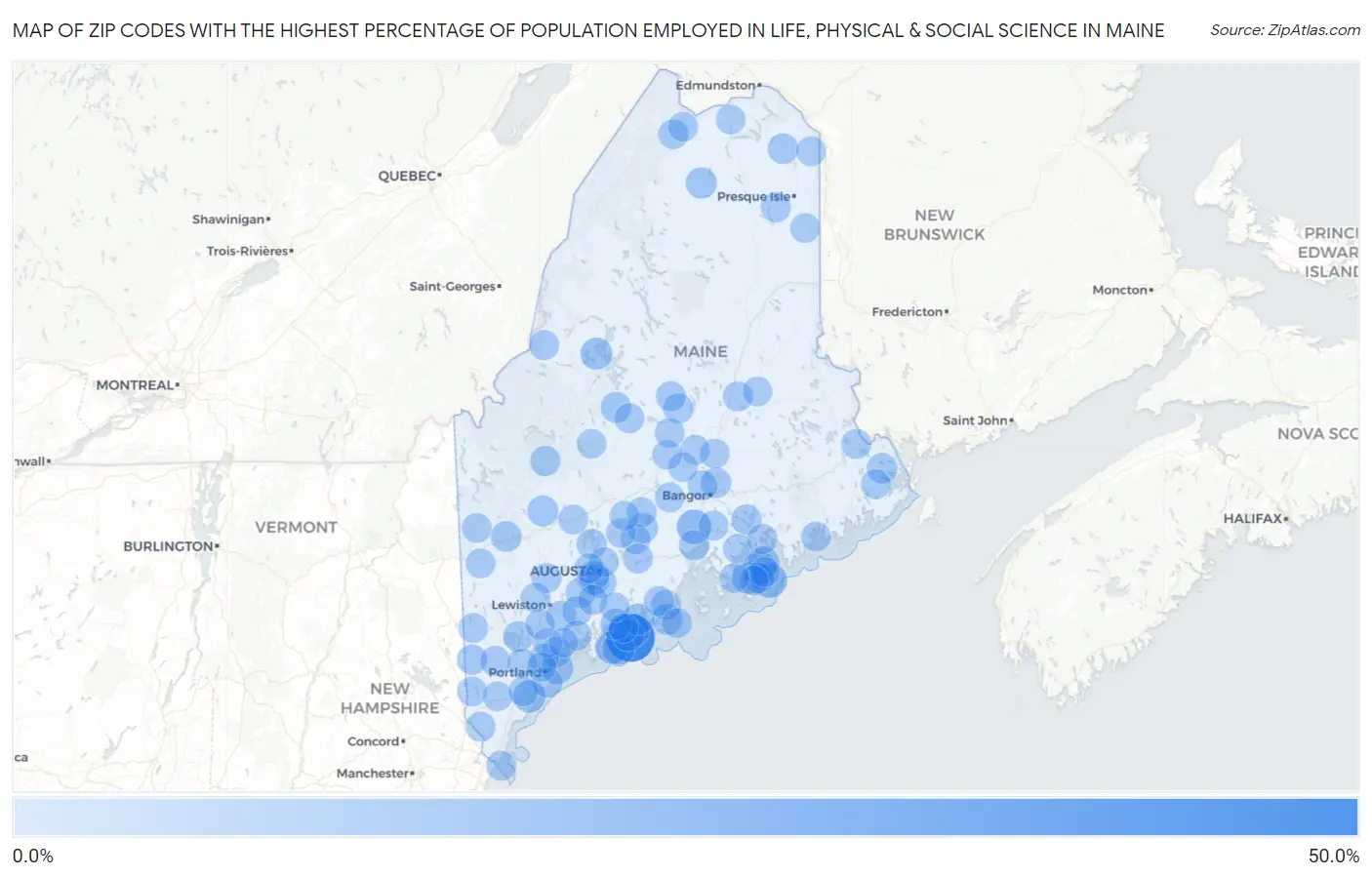 Zip Codes with the Highest Percentage of Population Employed in Life, Physical & Social Science in Maine Map