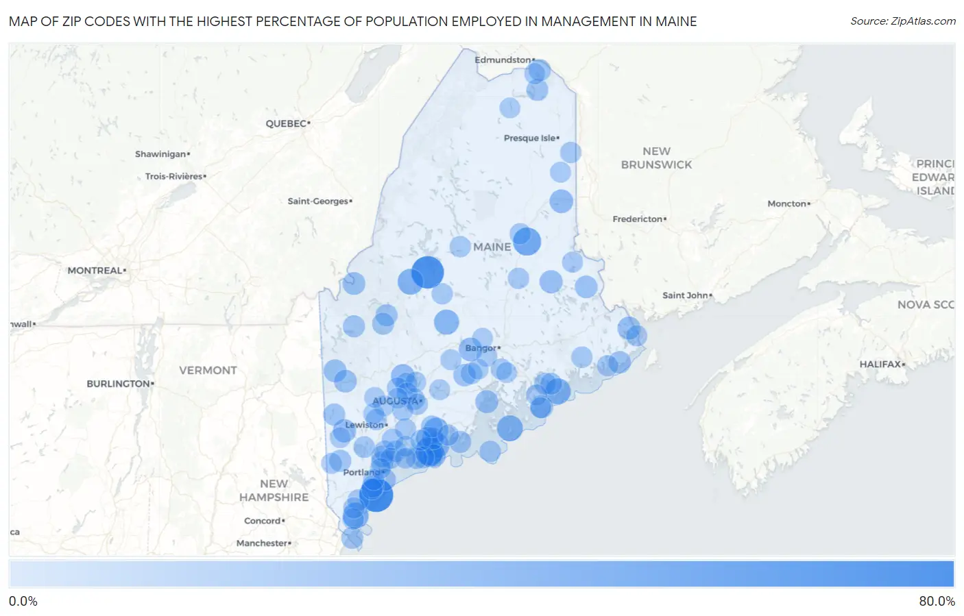 Zip Codes with the Highest Percentage of Population Employed in Management in Maine Map
