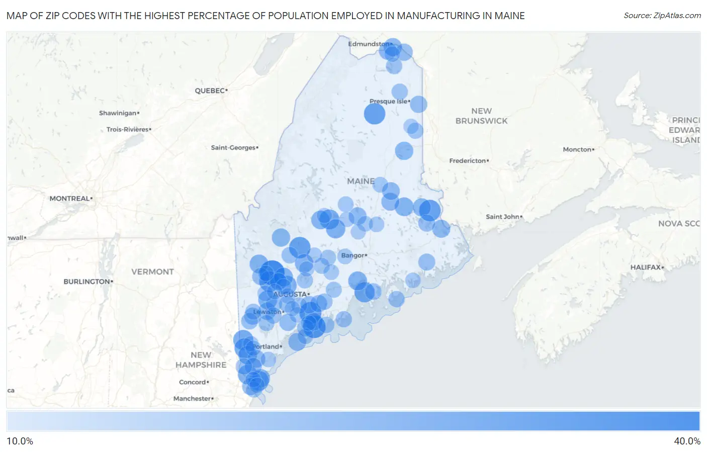 Zip Codes with the Highest Percentage of Population Employed in Manufacturing in Maine Map