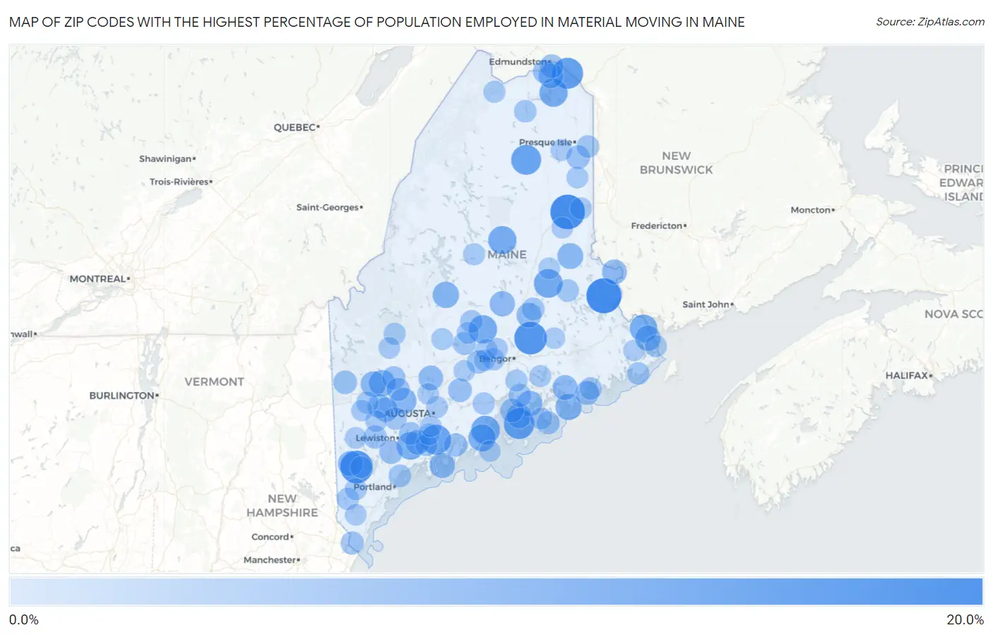 Zip Codes with the Highest Percentage of Population Employed in Material Moving in Maine Map