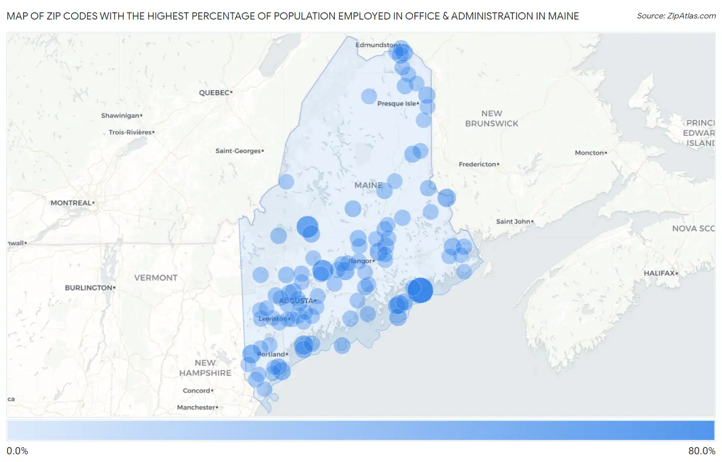 Zip Codes with the Highest Percentage of Population Employed in Office & Administration in Maine Map
